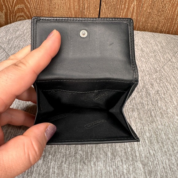 Coach Signature Canvas Leather Tri Fold Logo Wallet Snap Closure Black Like New - Picture 9 of 12